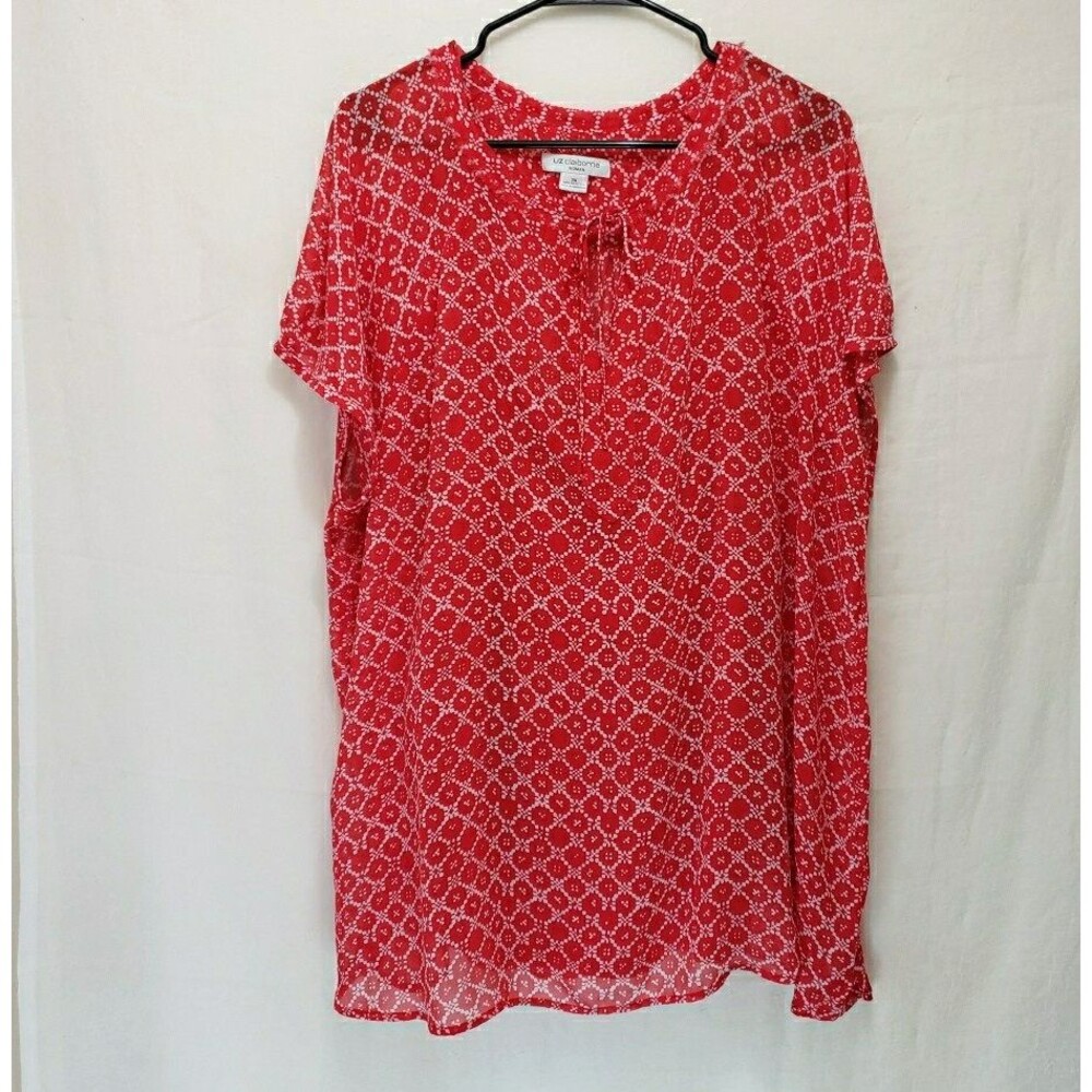 Liz Claiborne Woman Sz 3X Red White Geometric Silk Blend Tunic Top Tie Neck Cami